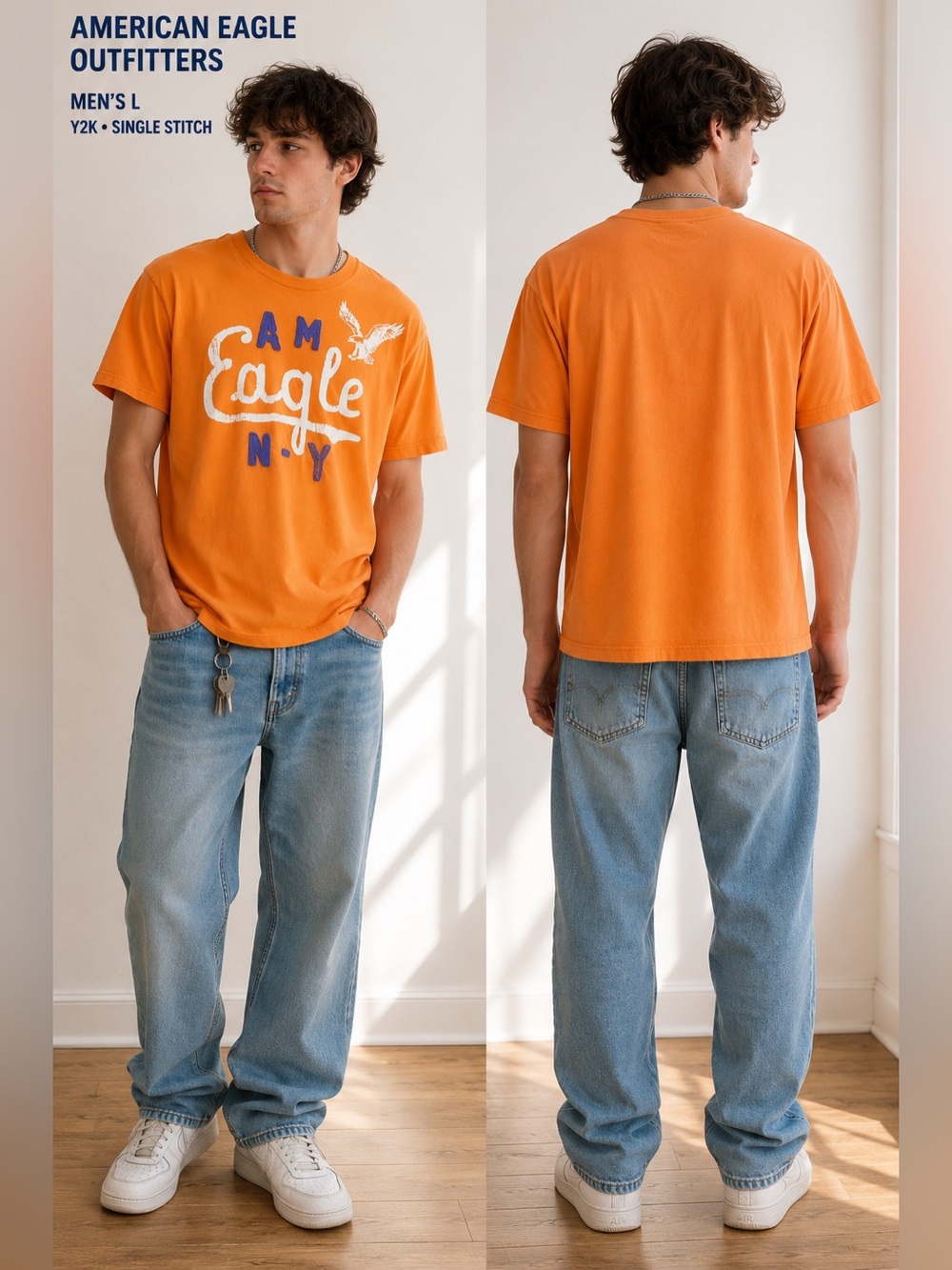 American Eagle Outfitters Mens Large Orange Graphic T Shirt Y2K Single Stitch